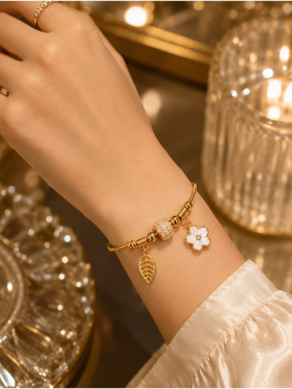 Gold Floral & Leaf Charm Bracelet